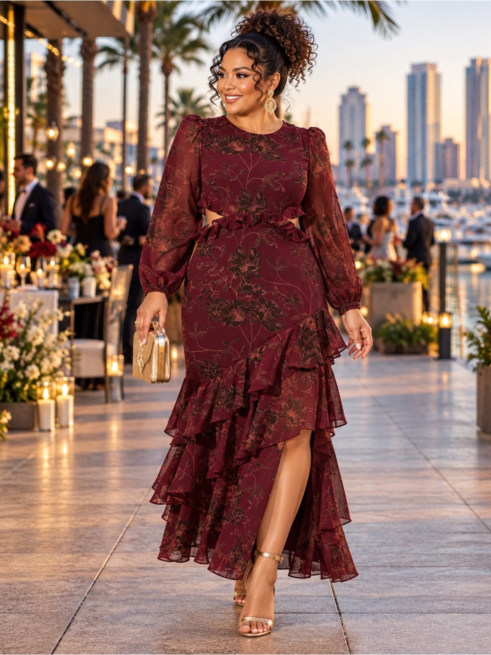 ASTR the Label Burgundy Floral Ruffle Cutout Midi Dress | Romantic Dinner | XL